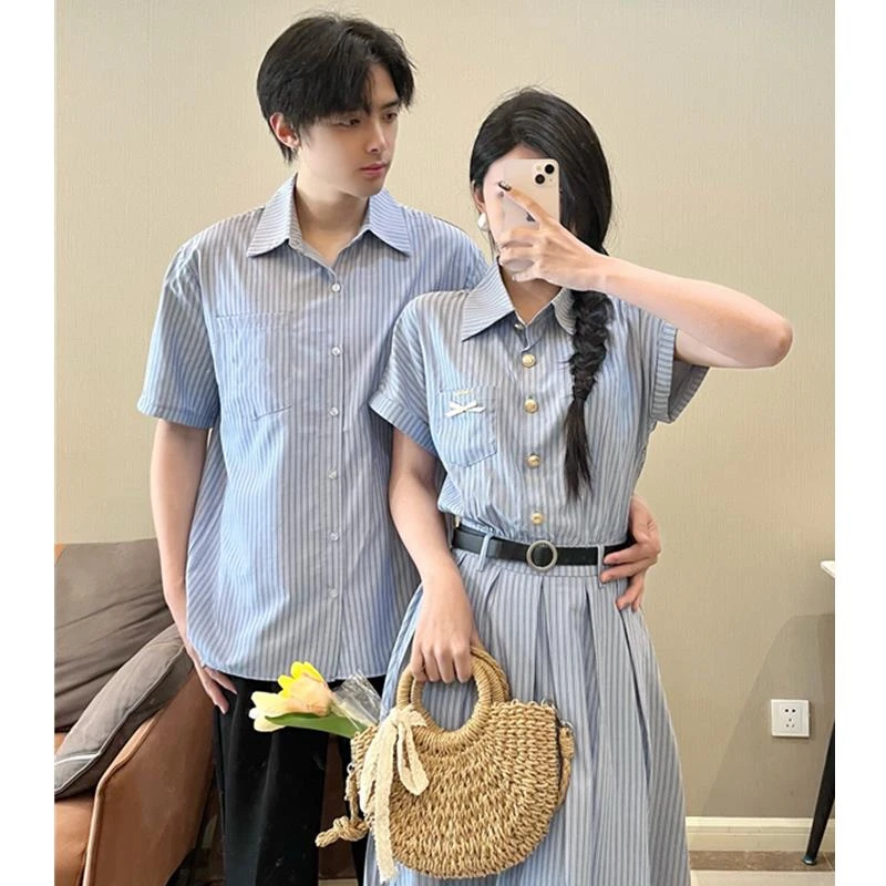 法式情侣装夏季2025新款高级小众设计感短袖衬衫连衣裙女一裙一衣