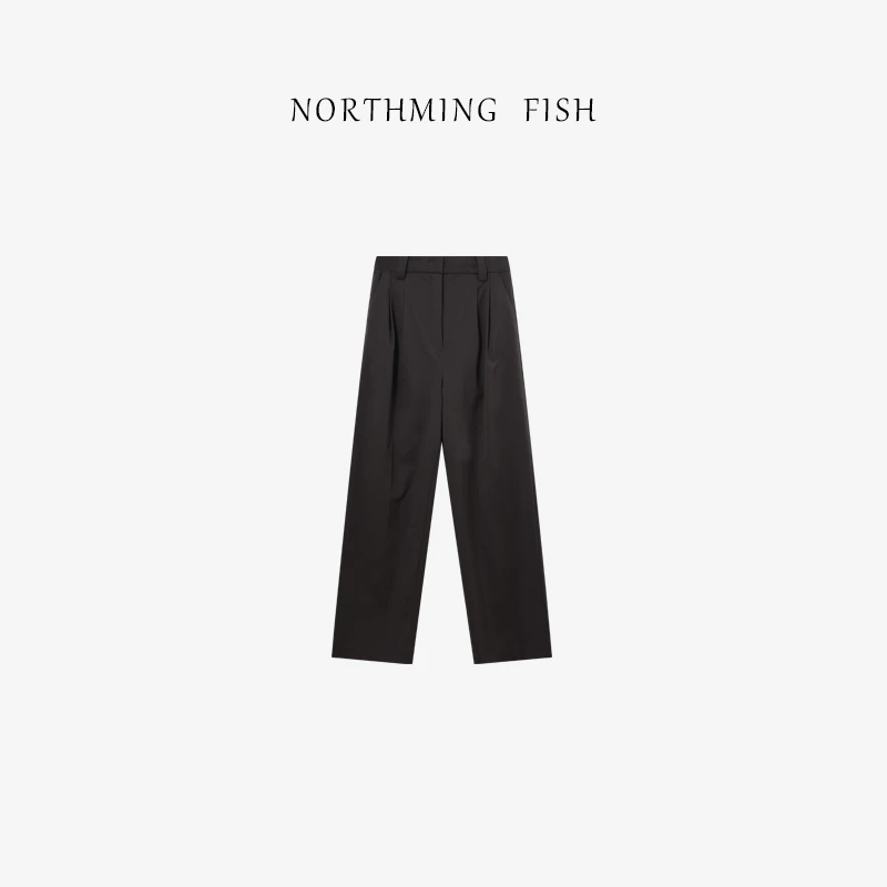 NORTHMING FISH「布朗尼」垂感飘逸~气质干练咖色打褶羊毛直筒裤