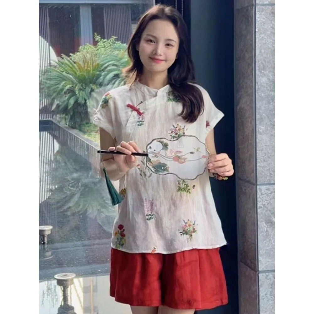 新中式国风时尚套装女2025年夏季新款设计感刺绣短袖短裤两件套潮