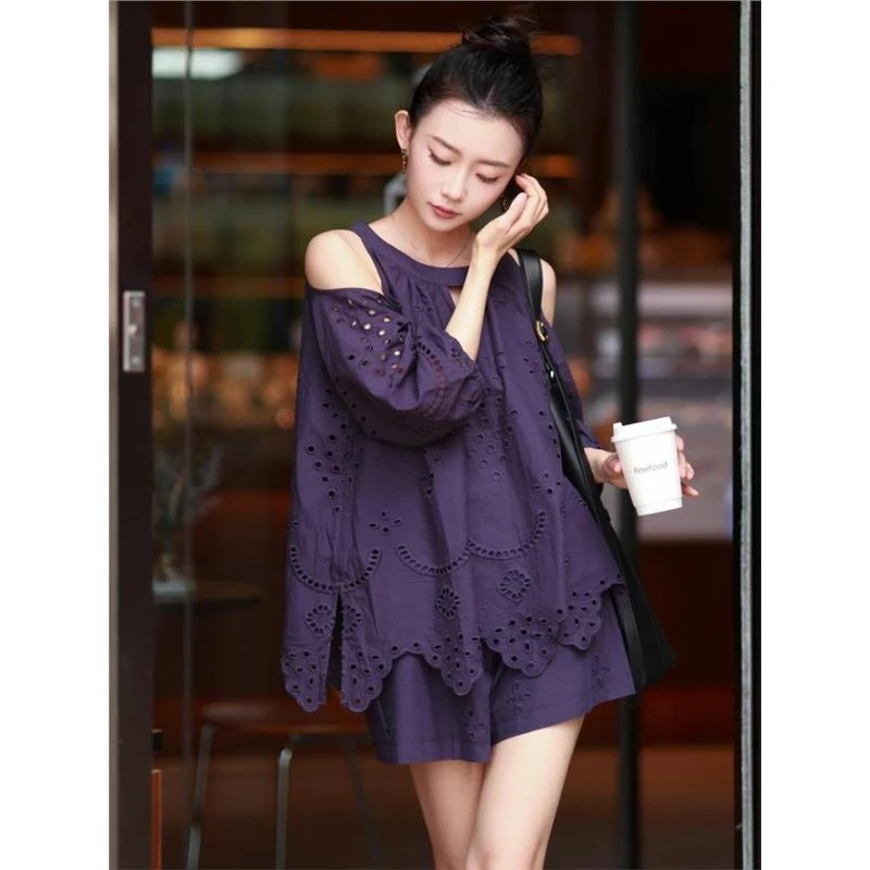 2025超火夏季搭配一整套高级感时尚洋气独特紫色镂空上衣短裤套装