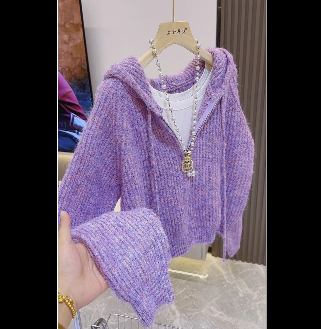 63慵懒风连帽针织开衫女秋新款宽松洋气设计感毛衣外套