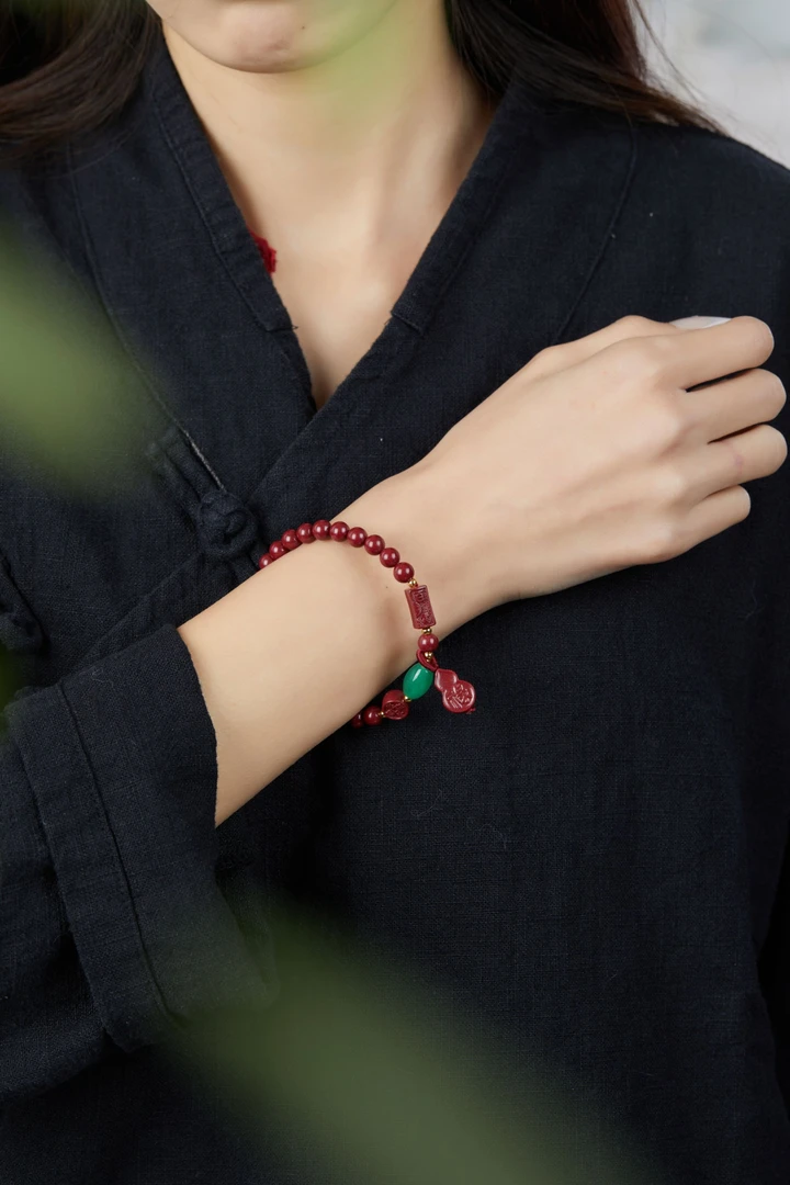 含辰砂工艺品【正品朱砂】朱砂紫金砂单圈配饰荟萃绿葫芦手串