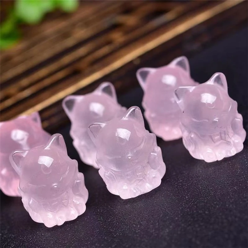 天然粉水晶雕刻九尾狐 DIY配件吊坠银耀石雕刻件配饰狐狸水晶粉色