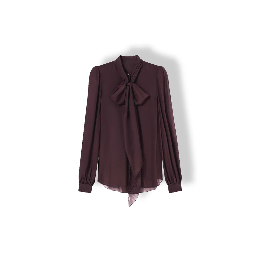 25ss秋季新款法式双飘带长袖衬衫时尚高级（25J143F123-1057）