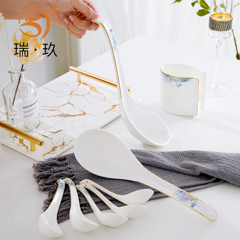 大号描金骨瓷勺子陶瓷汤勺汤匙调羹家用长柄大马戈勺汤锅配套勺子