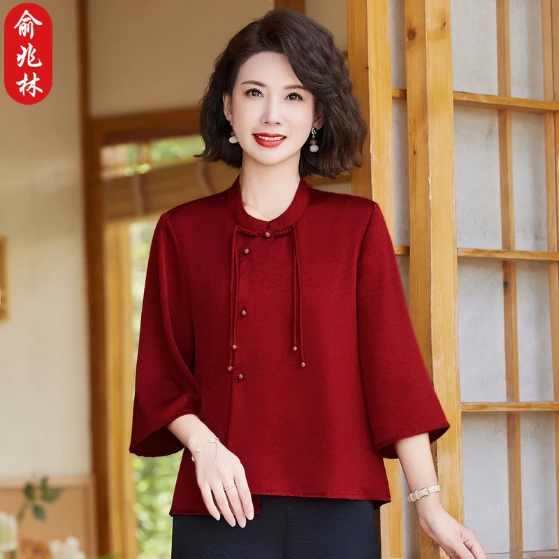 俞兆林妈妈夏装新中式上衣喜婆婆婚宴服中老年夏季红色小衫两件套