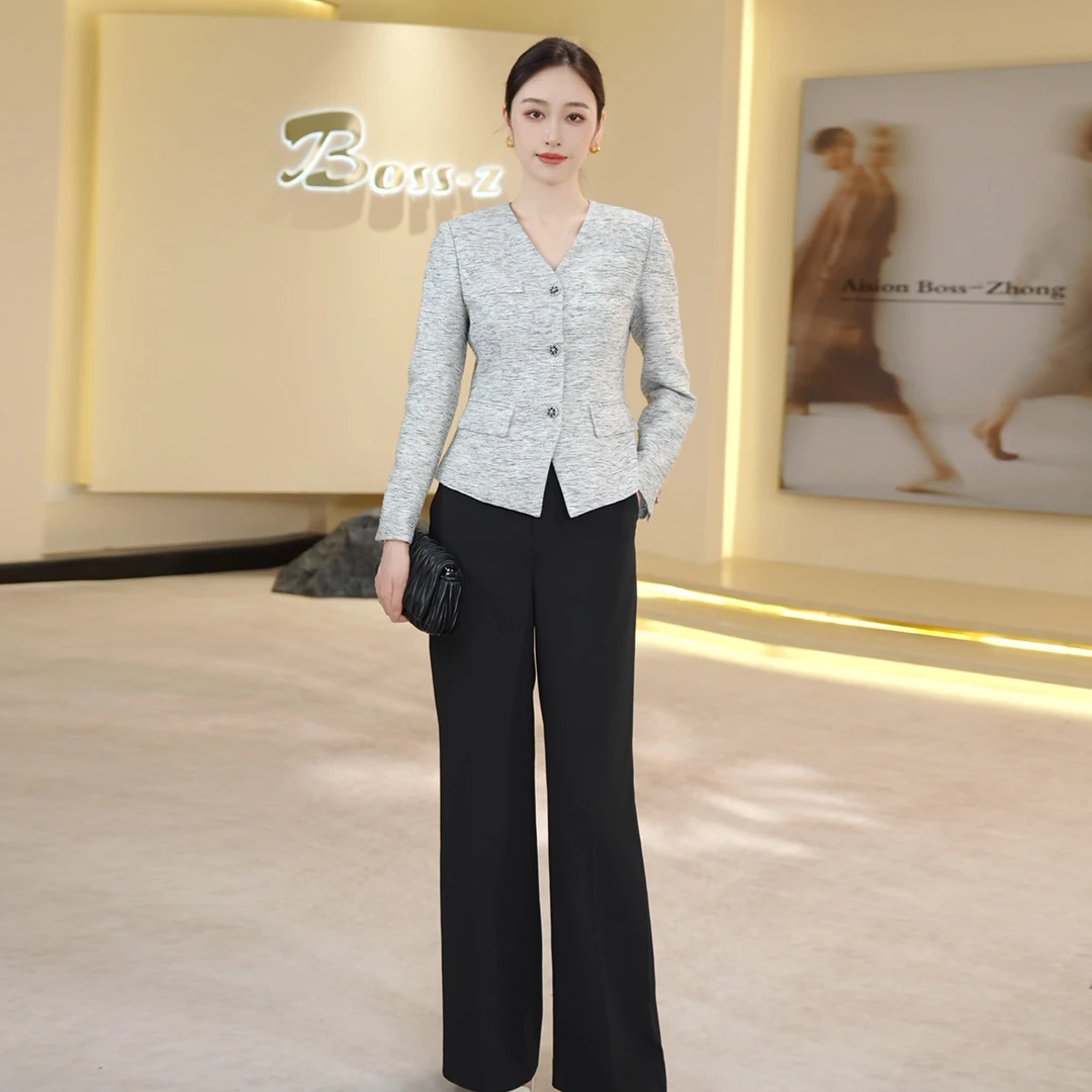 钟老板 小香风外套女25早秋新款法式设计感复古V领上衣裤子两件套