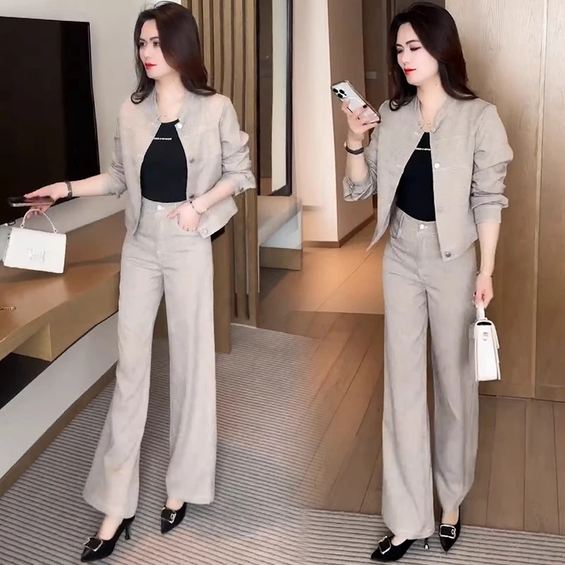 时尚牛仔套装女2025春季新款洋气质显瘦短款外套阔腿裤休闲两件套