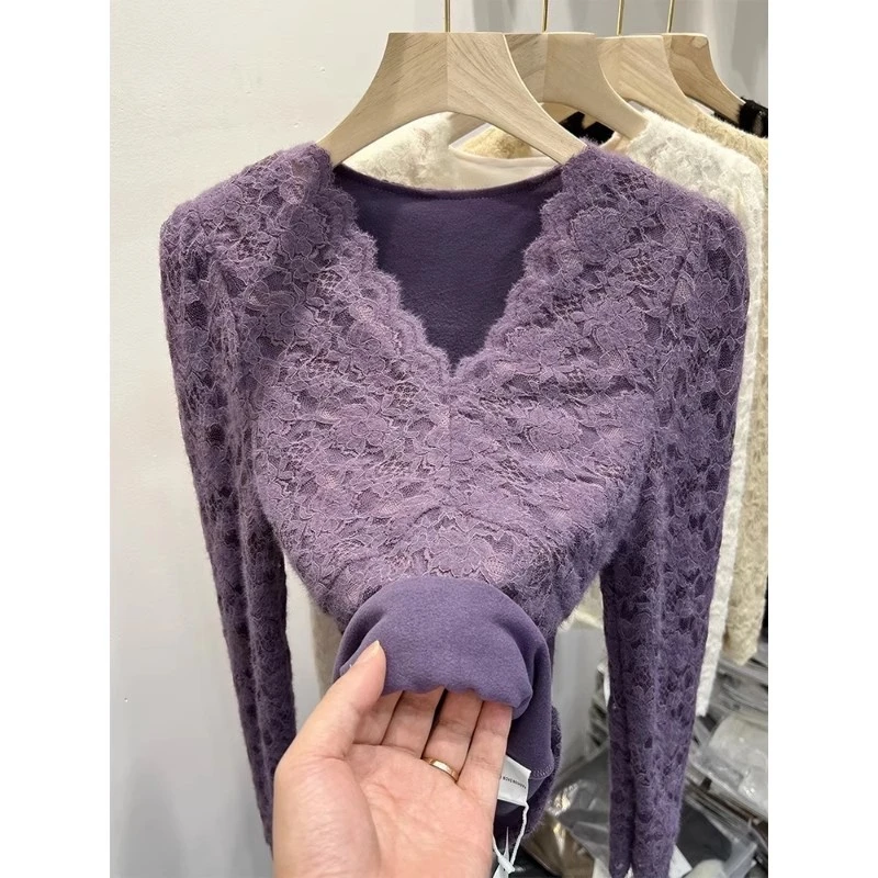 芊芊芙紫色V领蕾丝打底衫女春秋款韩系内搭加绒加厚磨毛长袖上衣