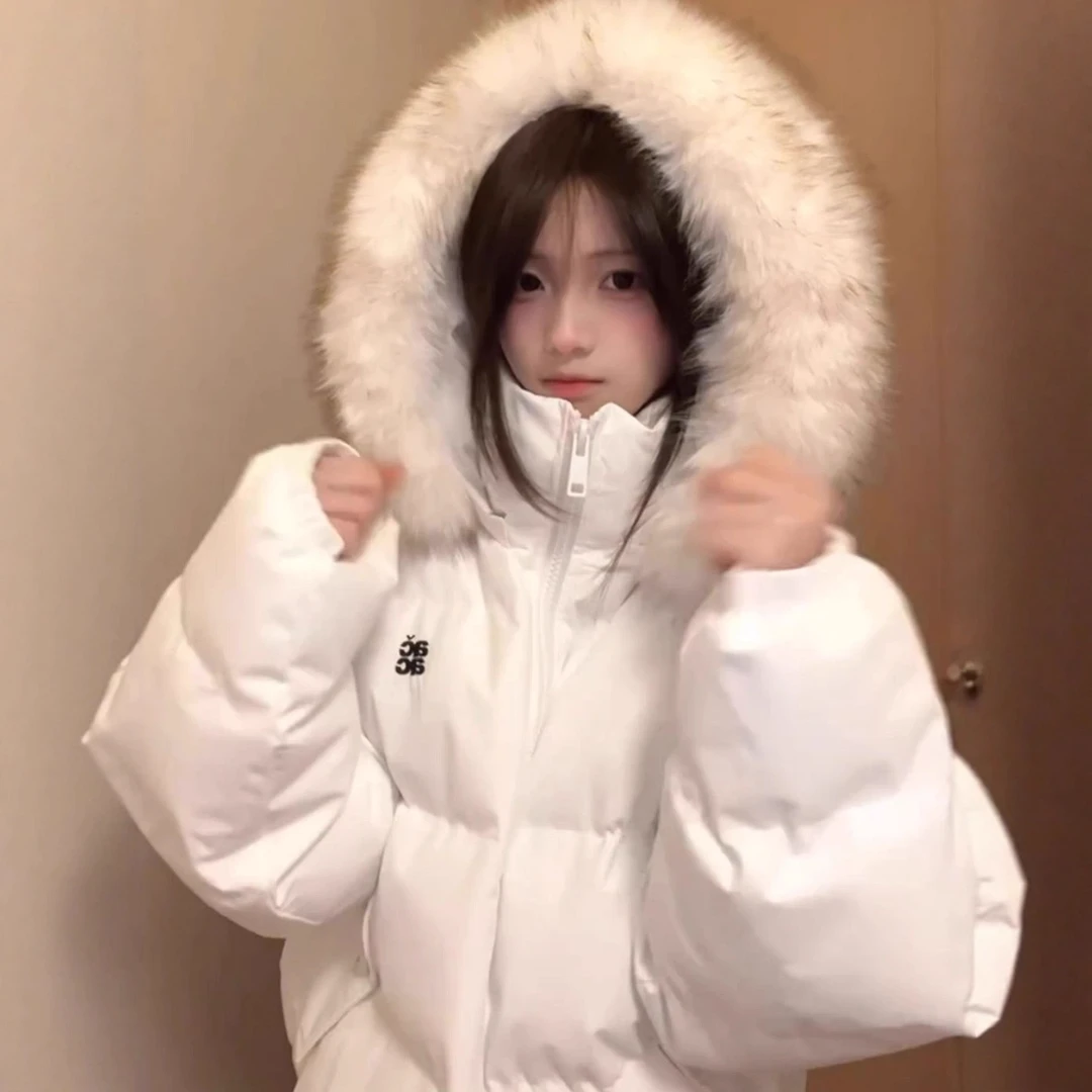 2025年新款秋冬白色毛领连帽棉服外套女冬季加厚保暖宽松派克服棉