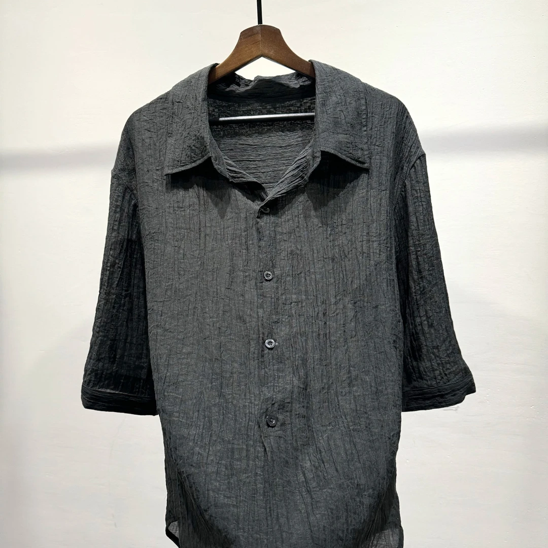 男士轻奢高级褶皱肌理感轻薄透气半袖衬衫夏季老钱风休闲短袖上衣