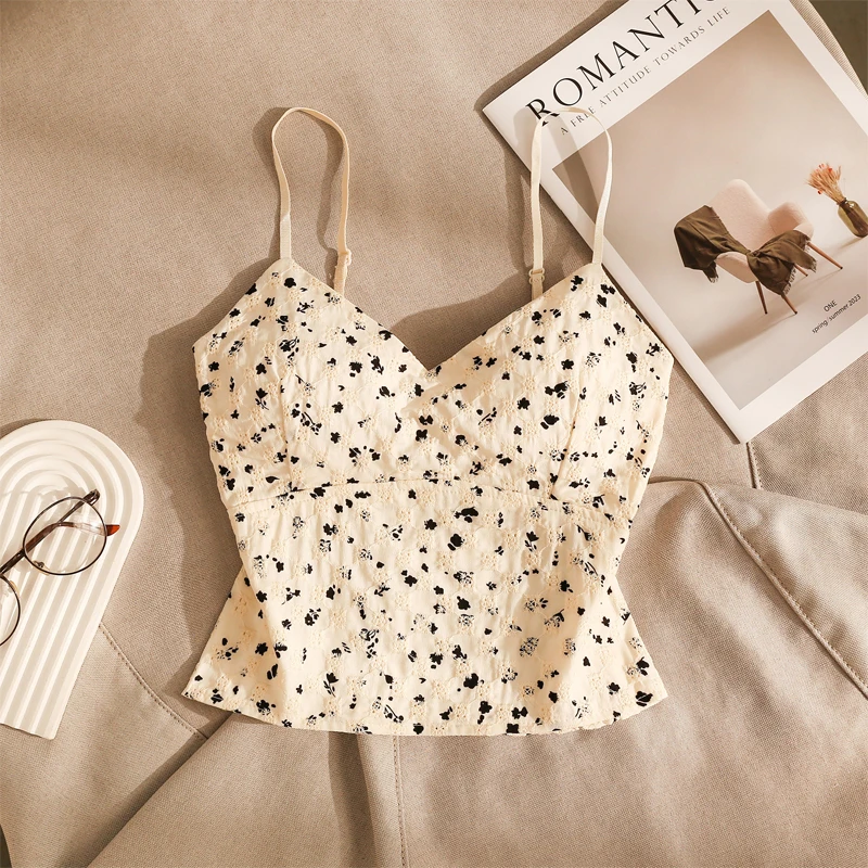 甜辣妹碎花印花V领吊带背心女夏新款带胸垫修身内搭美背短款上衣