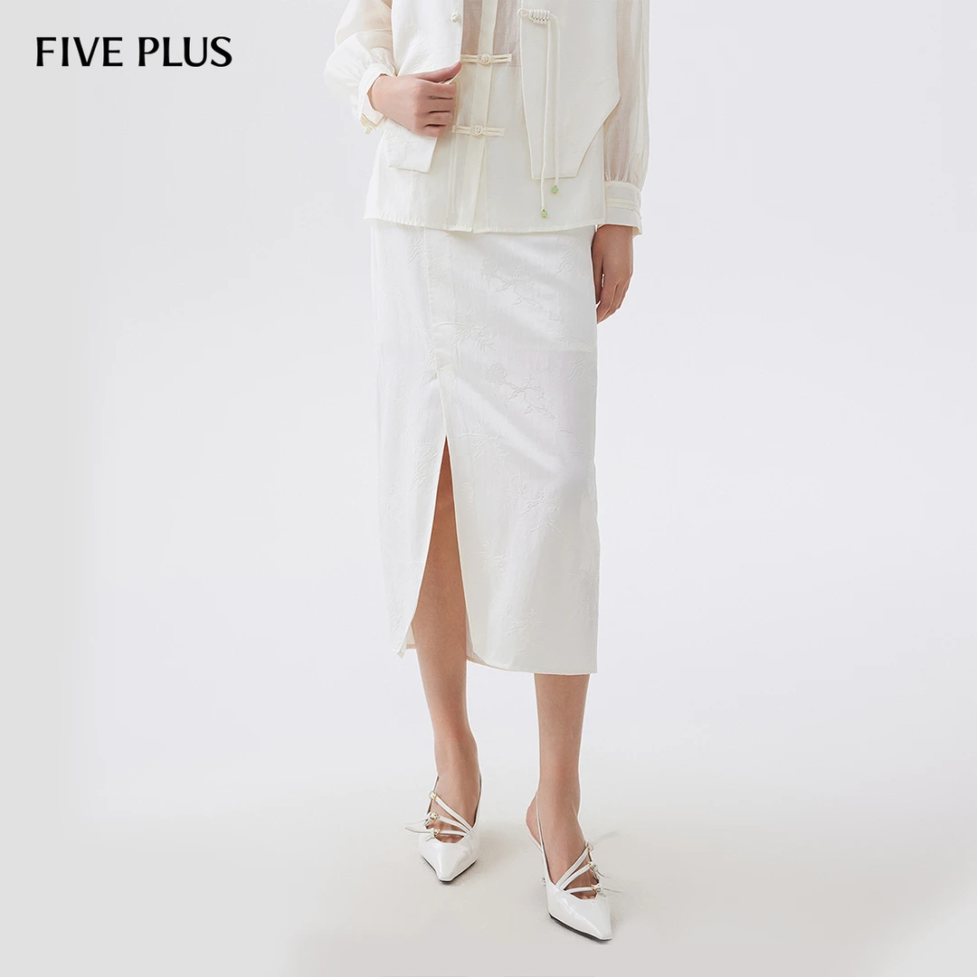 FIVE PLUS夏装半身裙女新中式开叉提花中长款显瘦裙子2LA2077580