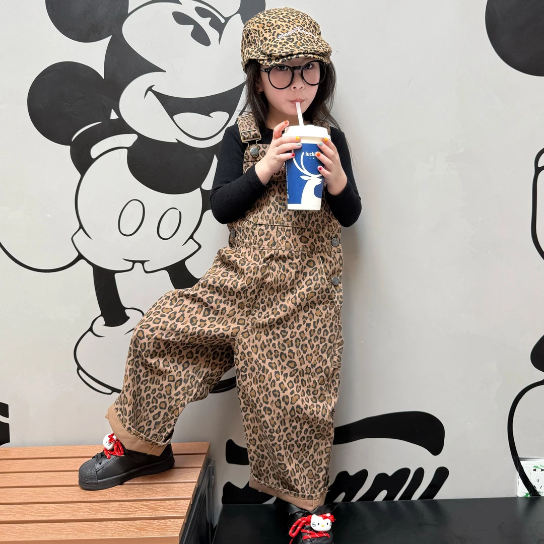 大金定制春季新款女童豹纹背带裤春季洋气炸街款阔腿裤宝宝背带裤