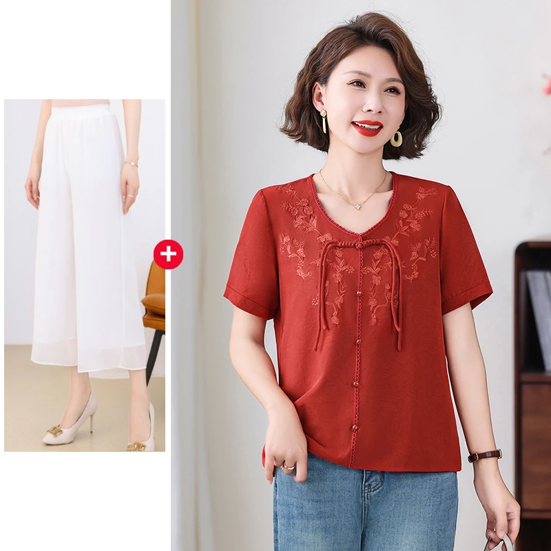 中年妈妈夏装国风短袖t恤2025新款洋气中老年女装上衣服两件套装