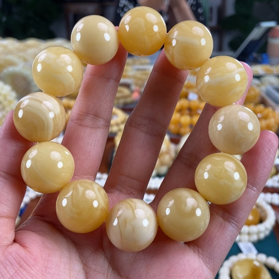 琥珀未镶嵌珠宝奇石19+浓蜡白花蜡圆珠51.3