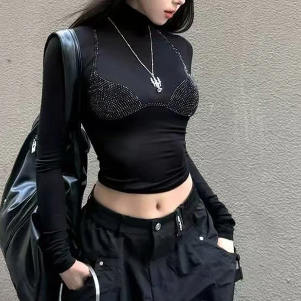 黎明之路3D立体烫钻高领半透修身2025新款早春打底长袖T恤