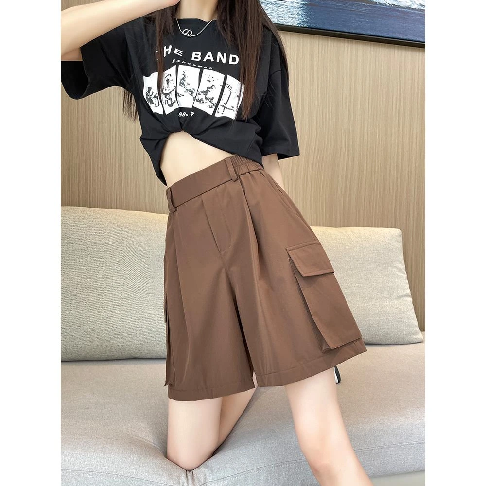 咖色工装短裤女夏季薄款松紧腰宽松小个子五分裤大口袋设计感速干