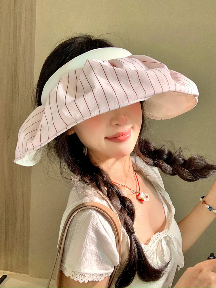 粉色条纹贝壳帽女夏季防紫外线大帽檐遮阳防晒帽户外空顶太阳帽子