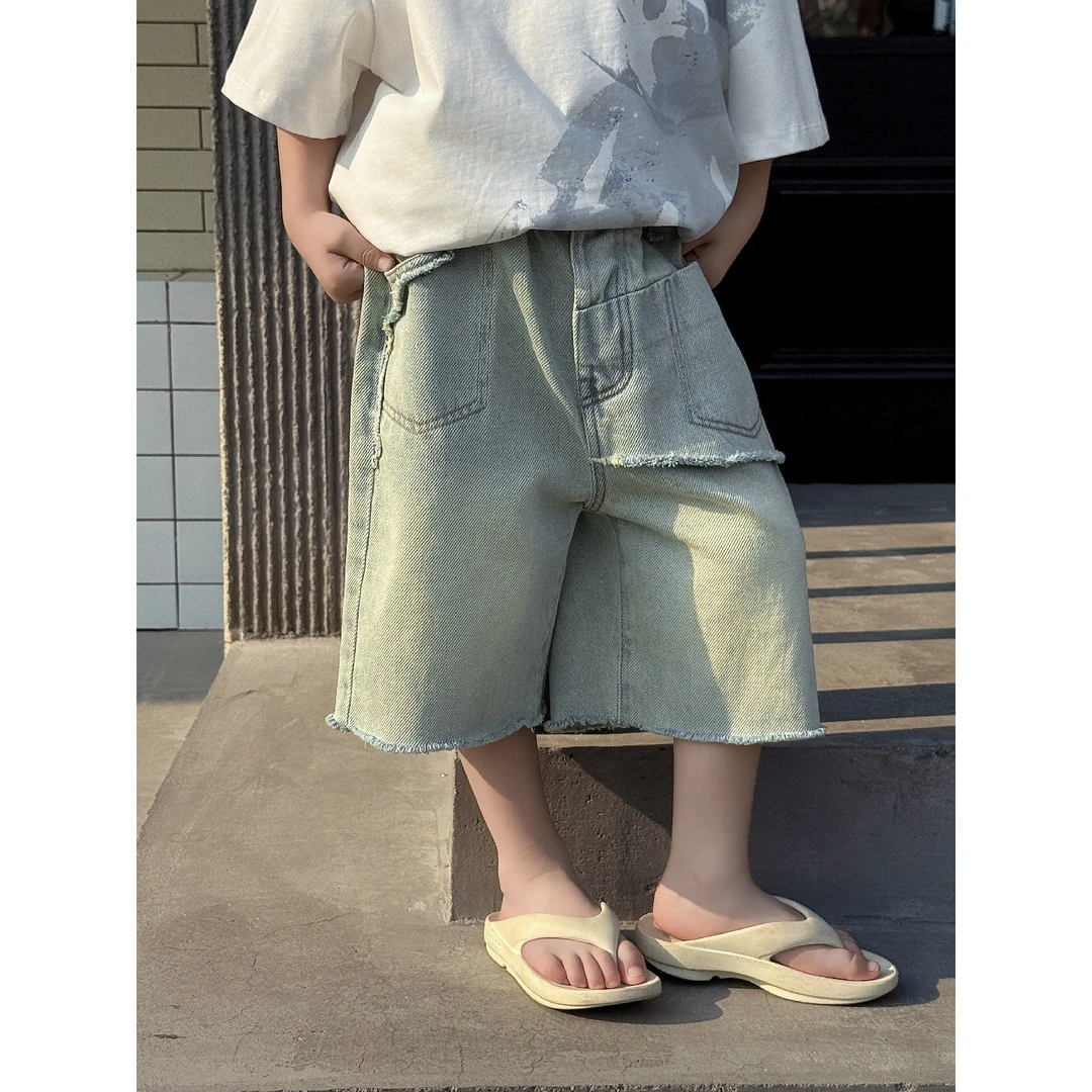 男童牛仔短裤儿童裤子夏款2025夏季新款男孩痞帅毛边宽松五分裤潮