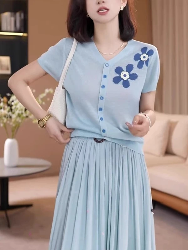 夏日别致漂亮提花薄款时尚洋气短袖防晒开衫舒适感百搭冰丝上衣女