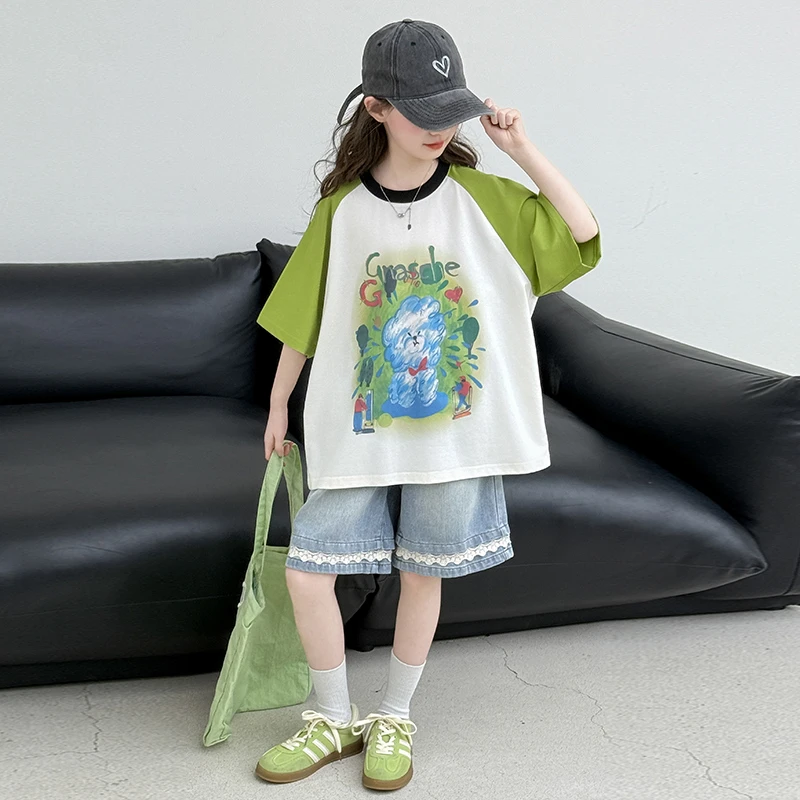 女童短袖套装夏季2025新款儿童时髦牛仔短裤洋气女大童休闲两件套