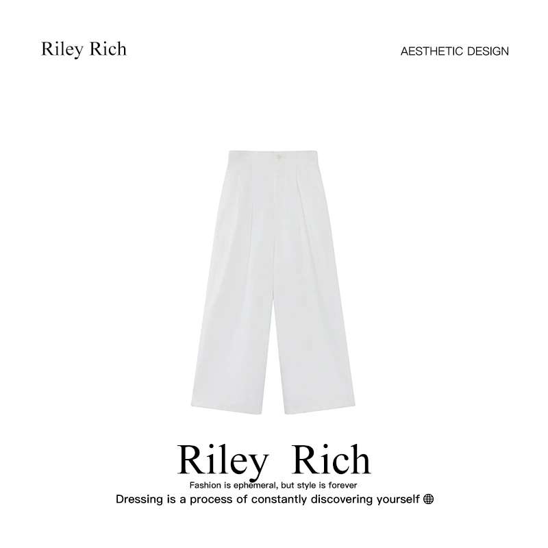 Riley Rich 简约长裤显瘦白色高腰直筒时尚休闲百搭