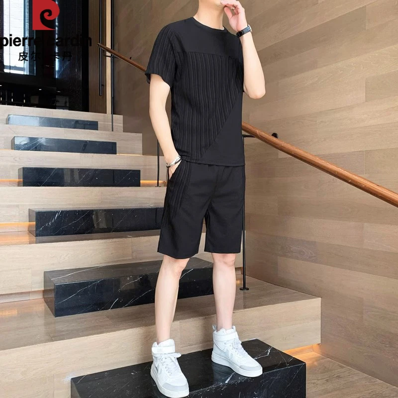 皮尔卡丹秋季休闲短袖运动套装男士冰感圆领t恤短裤搭配男装两件