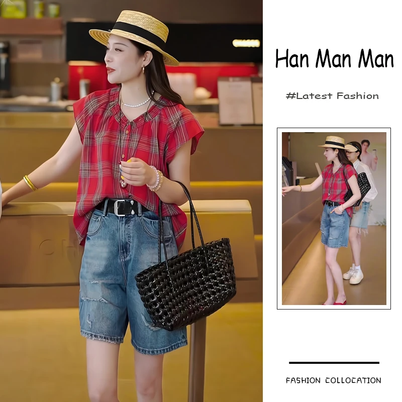 夏季流行穿搭套装新款2025港风气质洋气显瘦格子上衣牛仔裤两件套