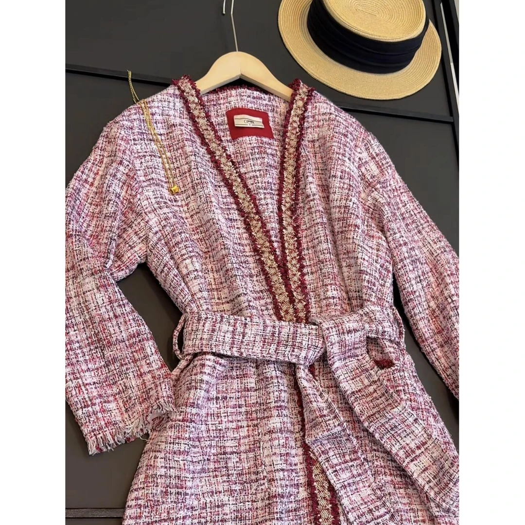 小众设计款小香风粗花呢收腰长袖风衣女显瘦气质外套