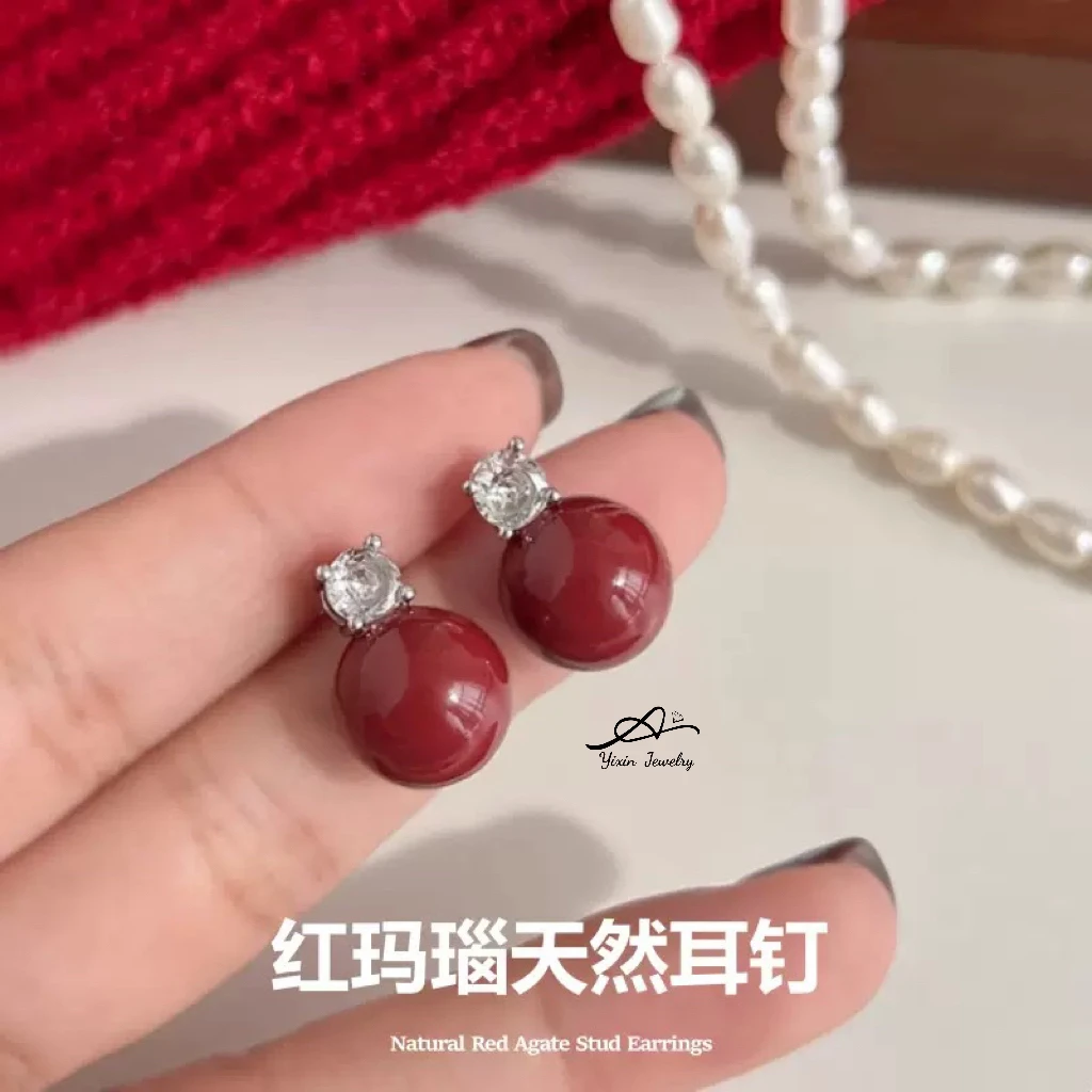 【鸿运】天然红玛瑙s925银10mm新中式时尚耳钉高级感