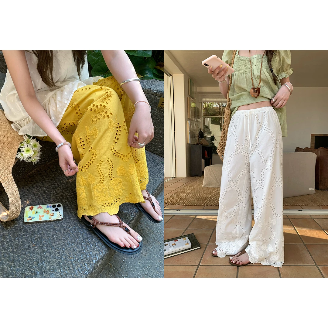 im向 元气模范生’定染全棉刺绣镂空花边休闲裤