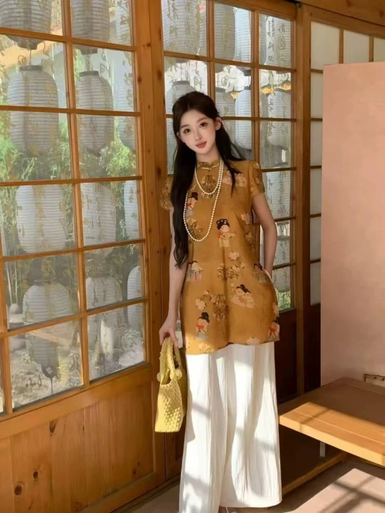 9087新中式改良旗袍上衣国风套装女夏季新款宽松裤子阔腿裤两件套