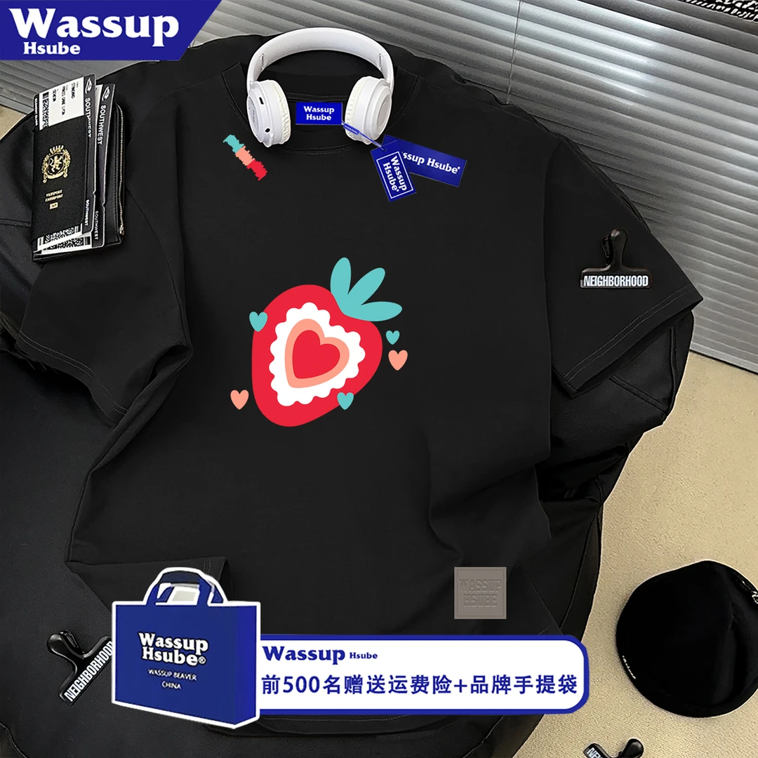 WASSUP HSUBE设计感草莓甜心印花短袖T恤男女学院风半袖打底上衣