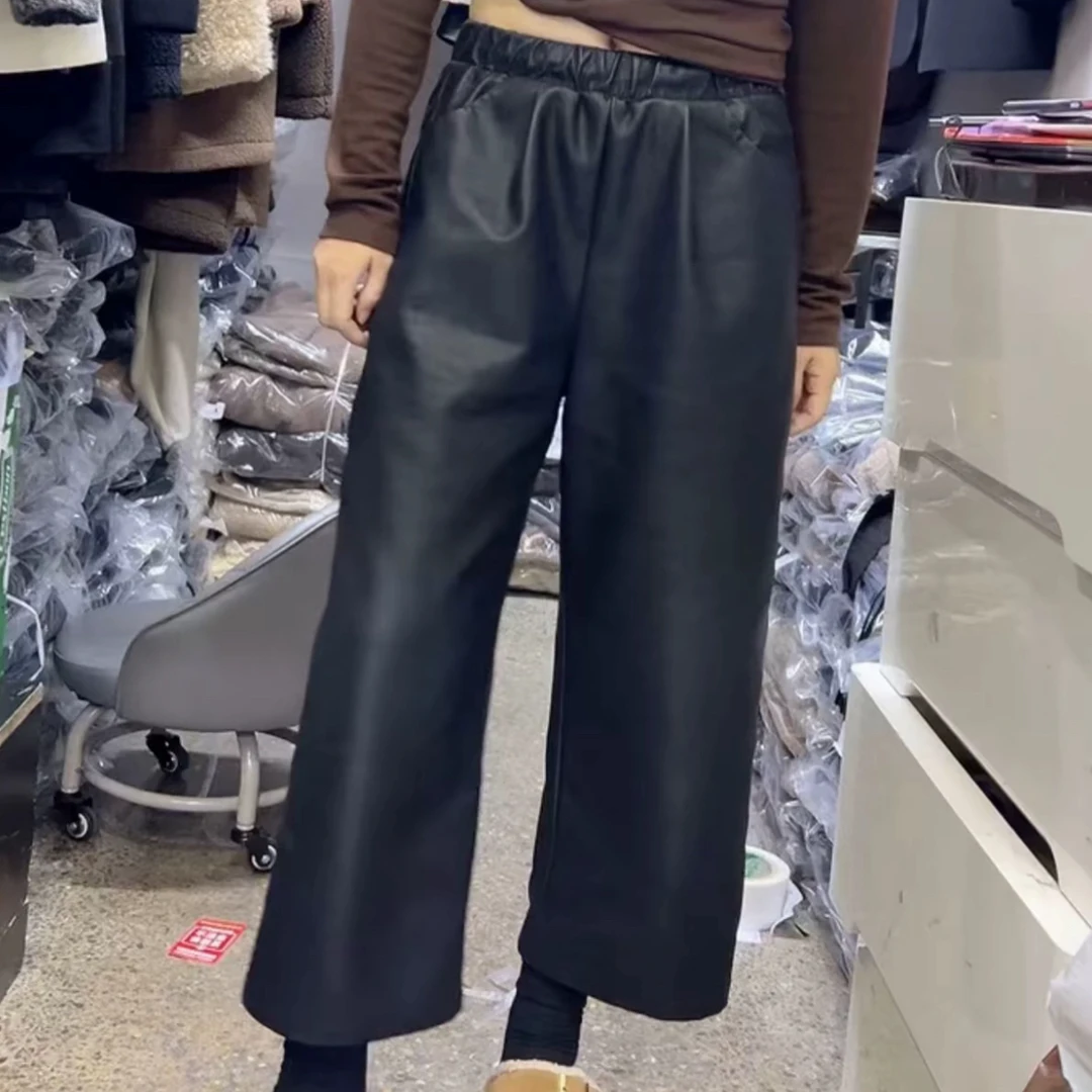 八分直筒显瘦水洗皮u裤