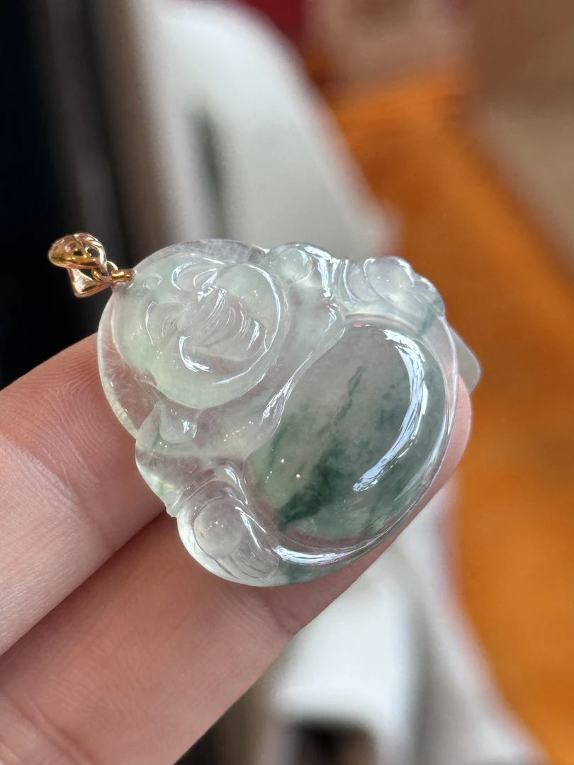 天然A货缅甸翡翠18K金正冰飘蓝绿花佛公水润饱满29.2x31.3x5.8