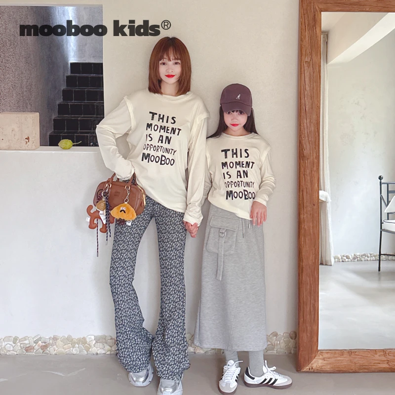 MoobooKids_醋酸羊毛秋冬假两件亲子字母印花T恤女童秋装百搭长袖