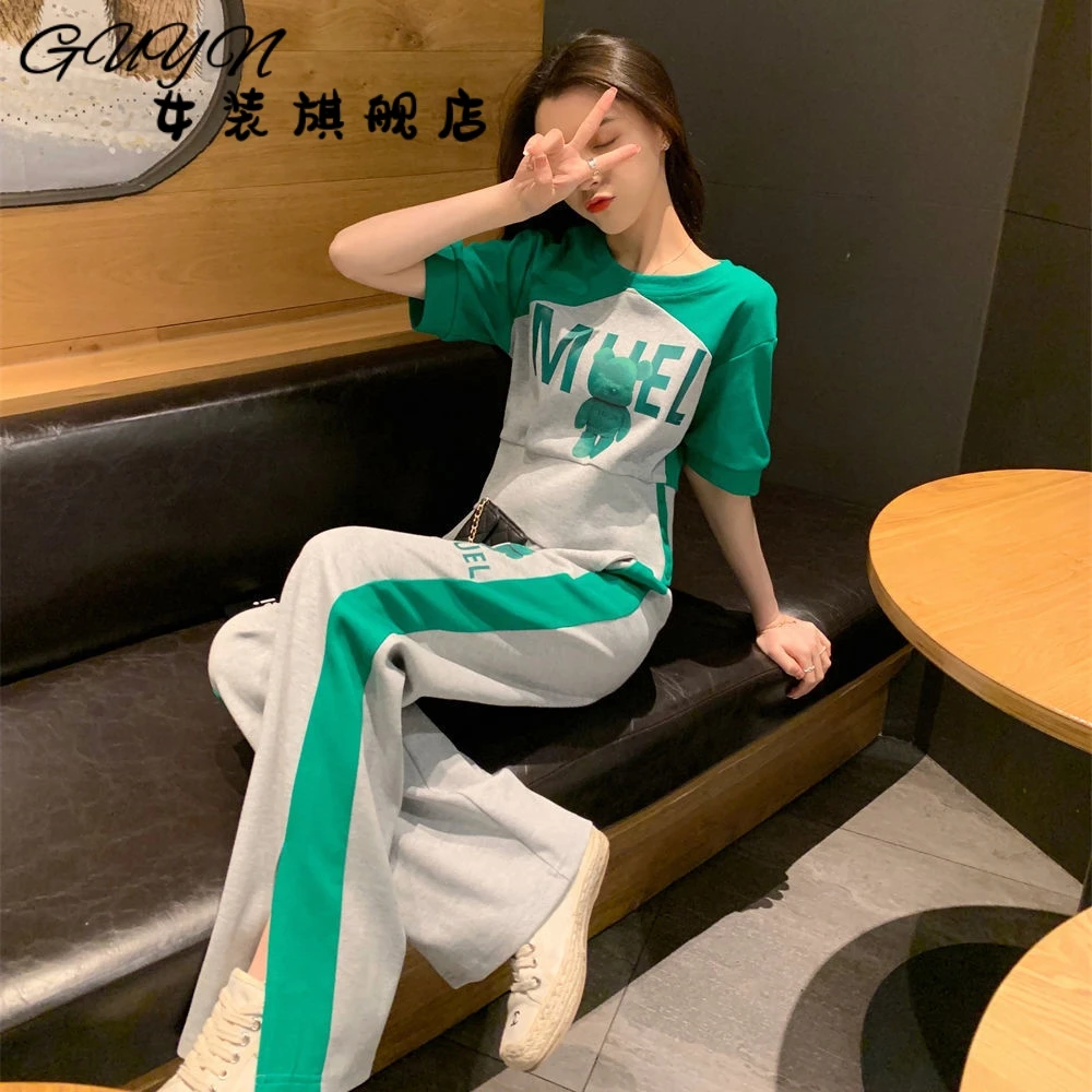 盐系休闲运动套装女夏季2025新款小个子时尚减龄短袖阔腿裤两件套