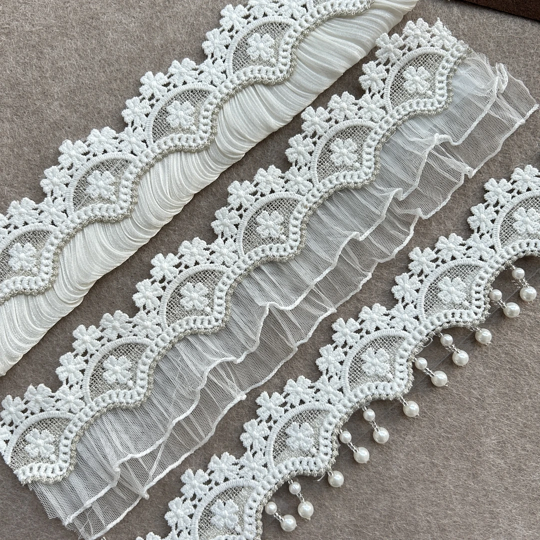 小谢窗饰新款窗帘立边绣花珍珠吊坠复合双层木耳边米白色蕾丝花边