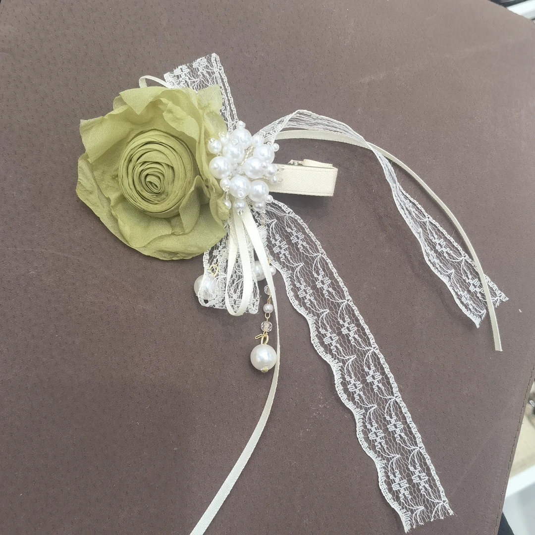 F912绿色花花蕾丝蝴蝶结飘带边夹