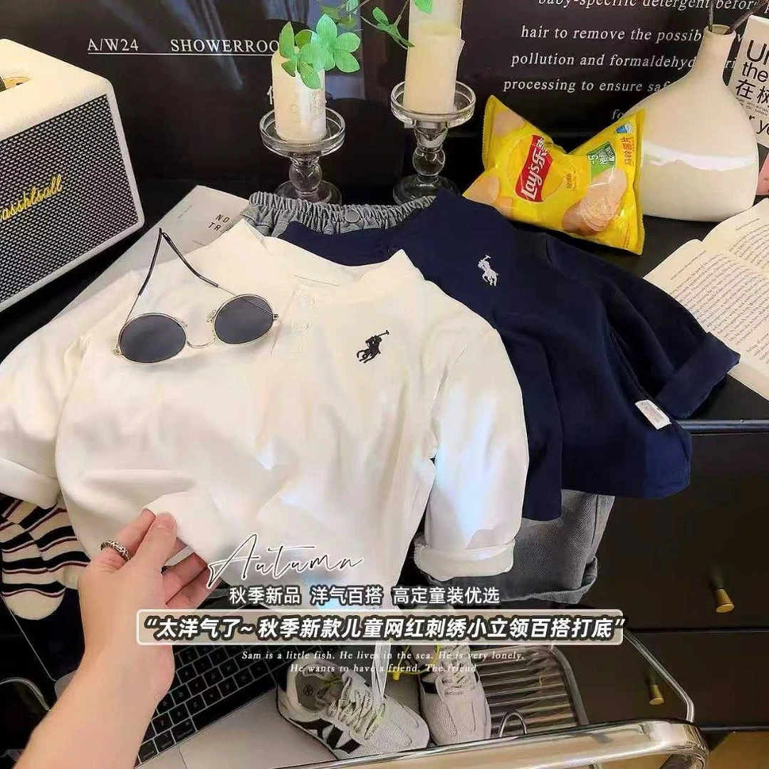 悦米童儿童休闲纽扣长袖全棉T恤男童POLO衫秋季新款时尚百搭圆领