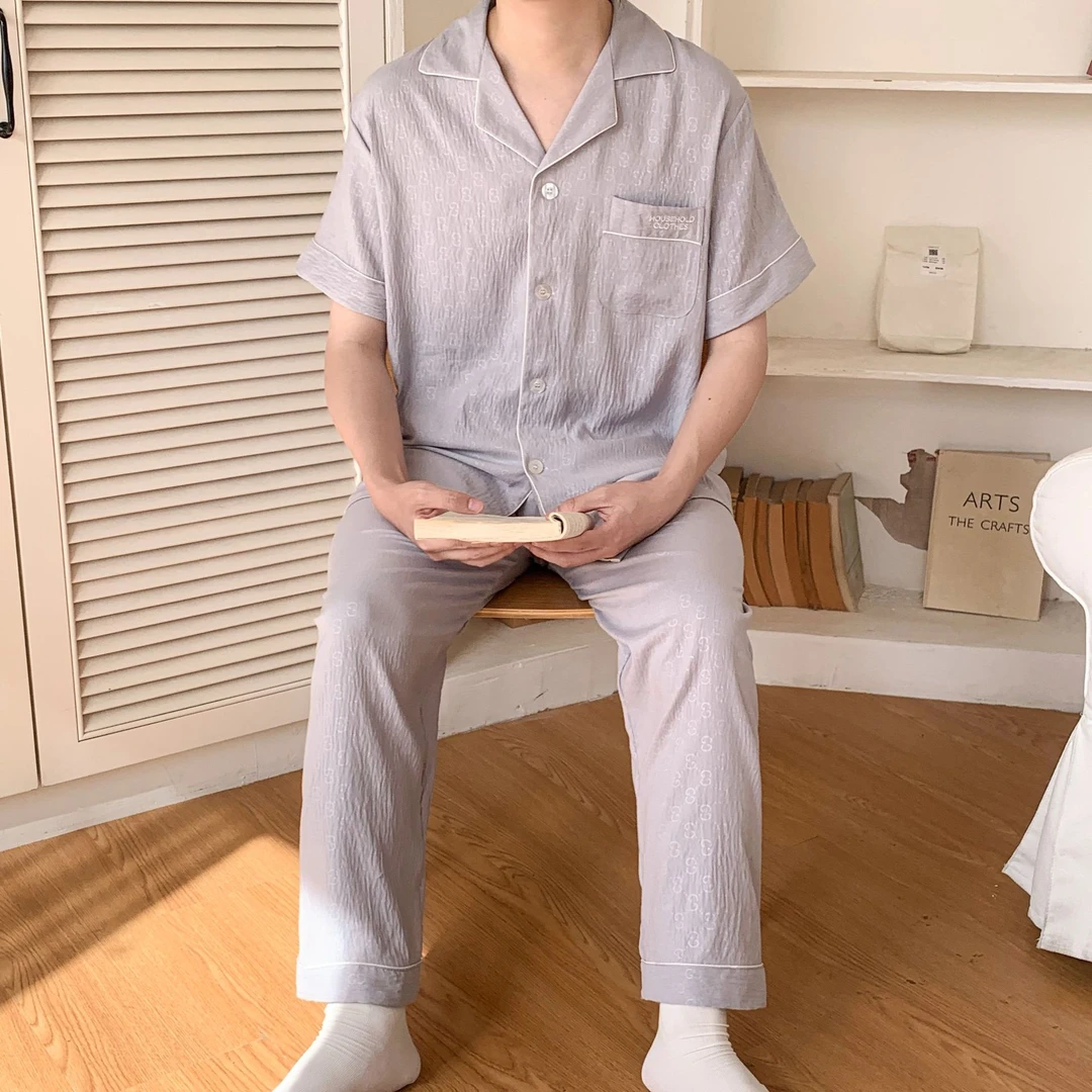 2025新款云朵棉男士睡衣短袖长裤薄款翻领简约休闲风家居服可外穿