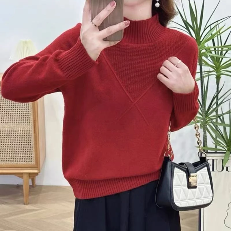 076纯色百搭显瘦气质时尚圆领显瘦针织打底上衣内搭高领毛衣