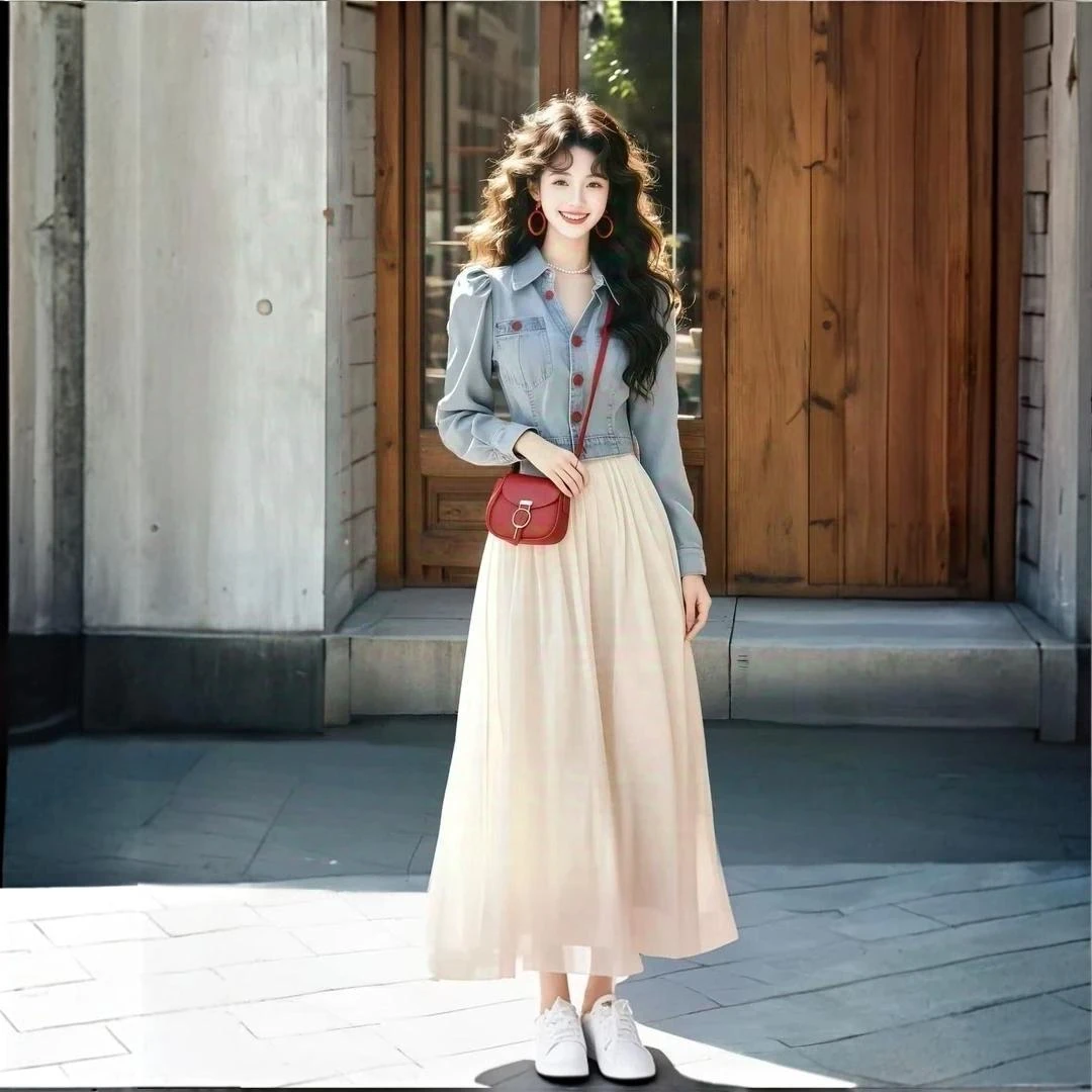 2025春季新款法式气质复古穿搭牛仔百搭外套高腰修身半身裙两件套