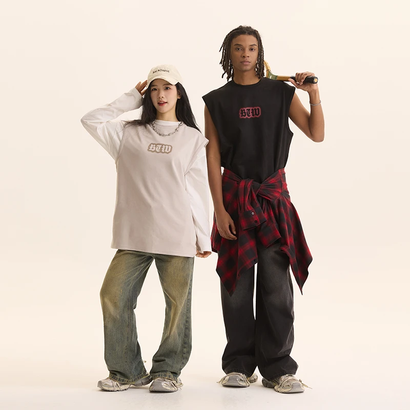 BTW美式2025夏季新款无袖背心男潮宽松圆领健身运动情侣T恤坎肩女