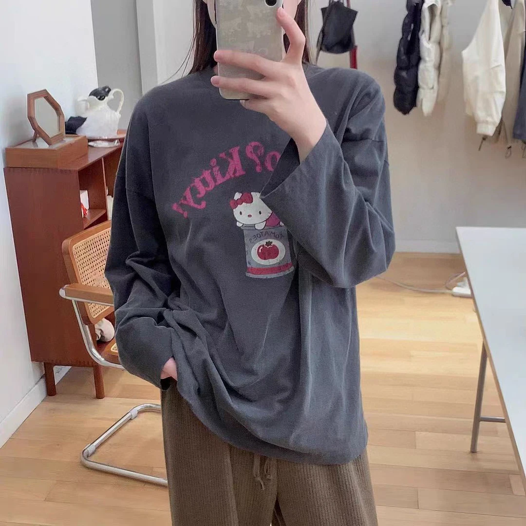 090【春季新款】前印罐头kitty潮牌砂洗炒色宽松百搭圆领T恤