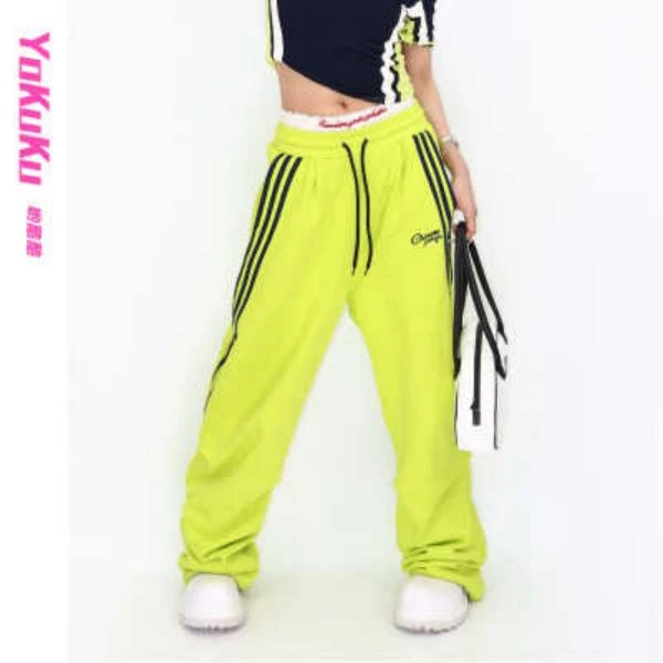 哟酷酷（出片高手）美式三条杠刺绣松紧抽绳腰头伞兵运动直筒休闲裤