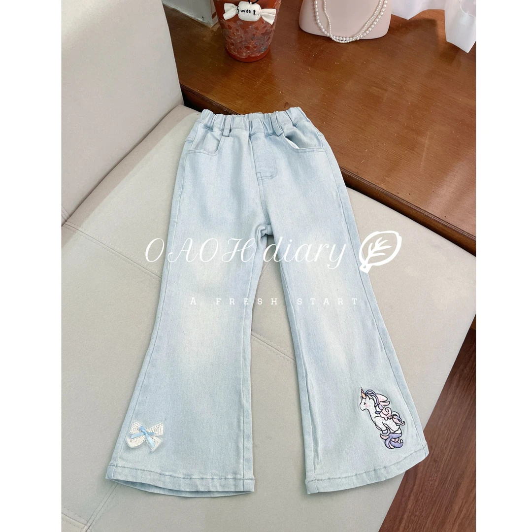OAOH女中大童牛仔裤微喇贴布水洗弹力浅蓝色牛仔裤K6705
