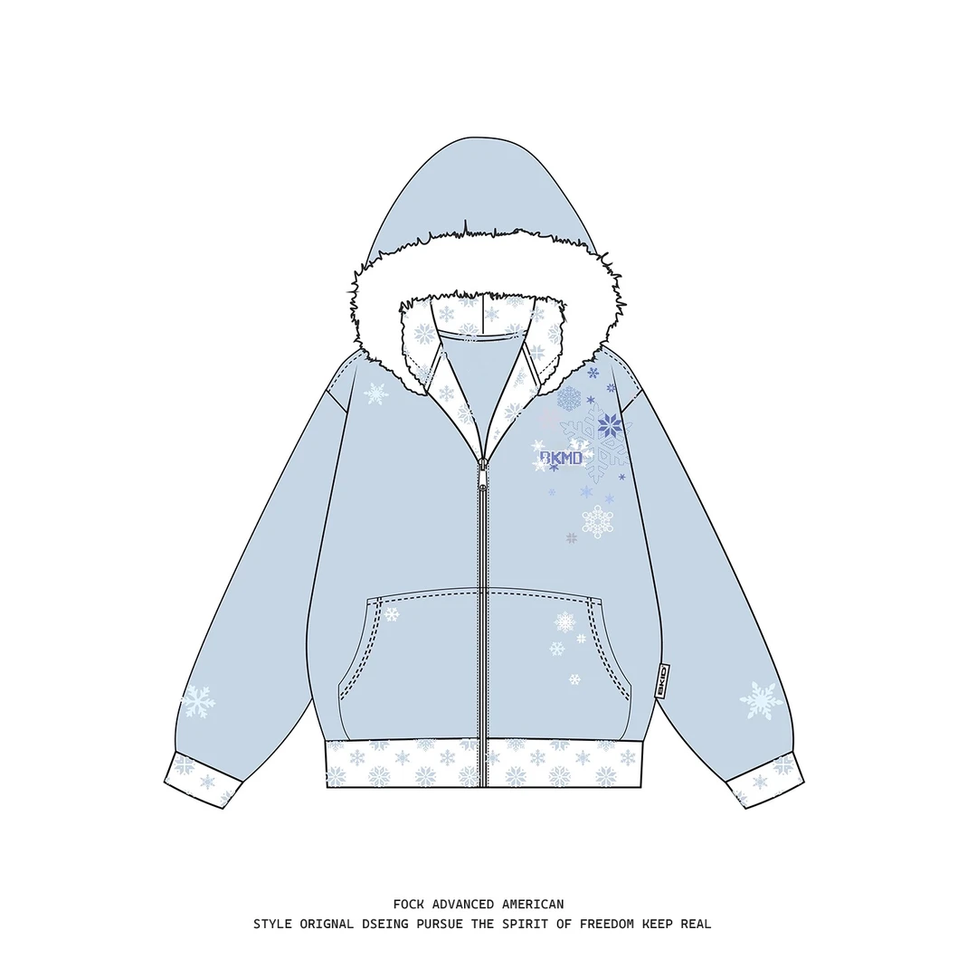 连帽开衫卫衣雪花图案外套女男秋冬新款加绒宽松拉链学院风上衣