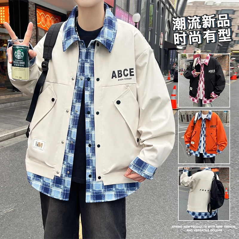 春节新款日系痞帅假两件夹克外套青少年时尚休闲翻领上衣夹克外套